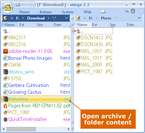 oMega Commander Features. Open archive or subfolder on the neighbor panel.